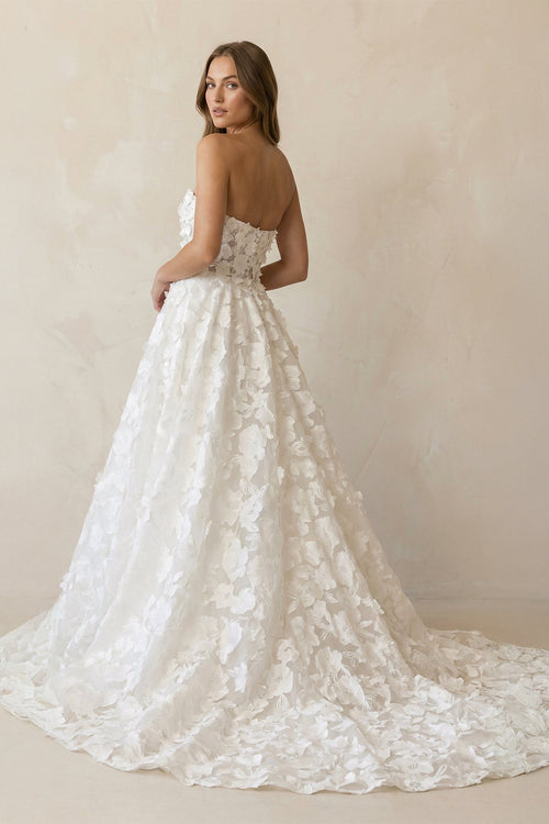 A - Line Strapless Floral Lace Wedding Dresses in Ivory - SHE IS ME Wedding Dresses