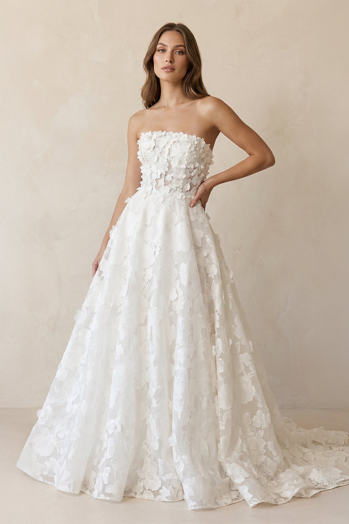 A - Line Strapless Floral Lace Wedding Dresses in Ivory - SHE IS ME Wedding Dresses