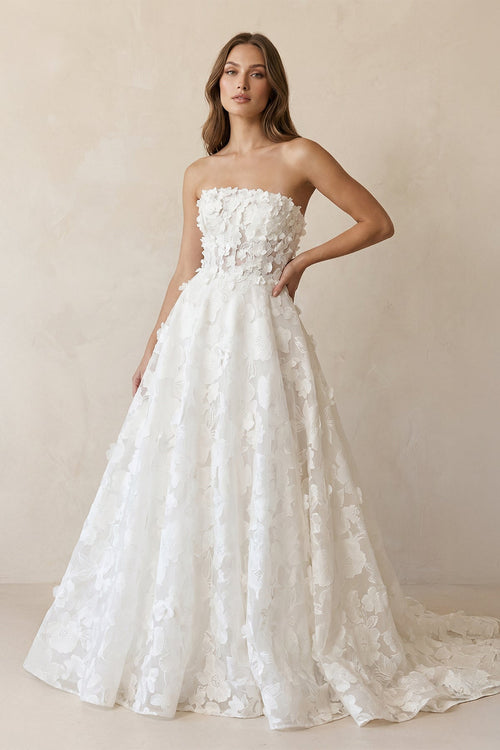 A - Line Strapless Floral Lace Wedding Dresses in Ivory - SHE IS ME Wedding Dresses