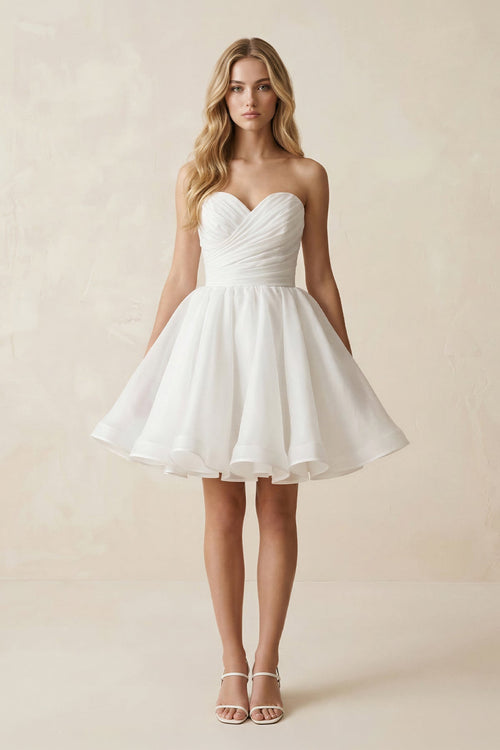 A - Line Strapless Pleated Organza Wedding Dress in White - SHE IS ME Wedding Dresses