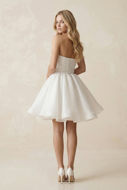 A - Line Strapless Pleated Organza Wedding Dress in White - SHE IS ME Wedding Dresses