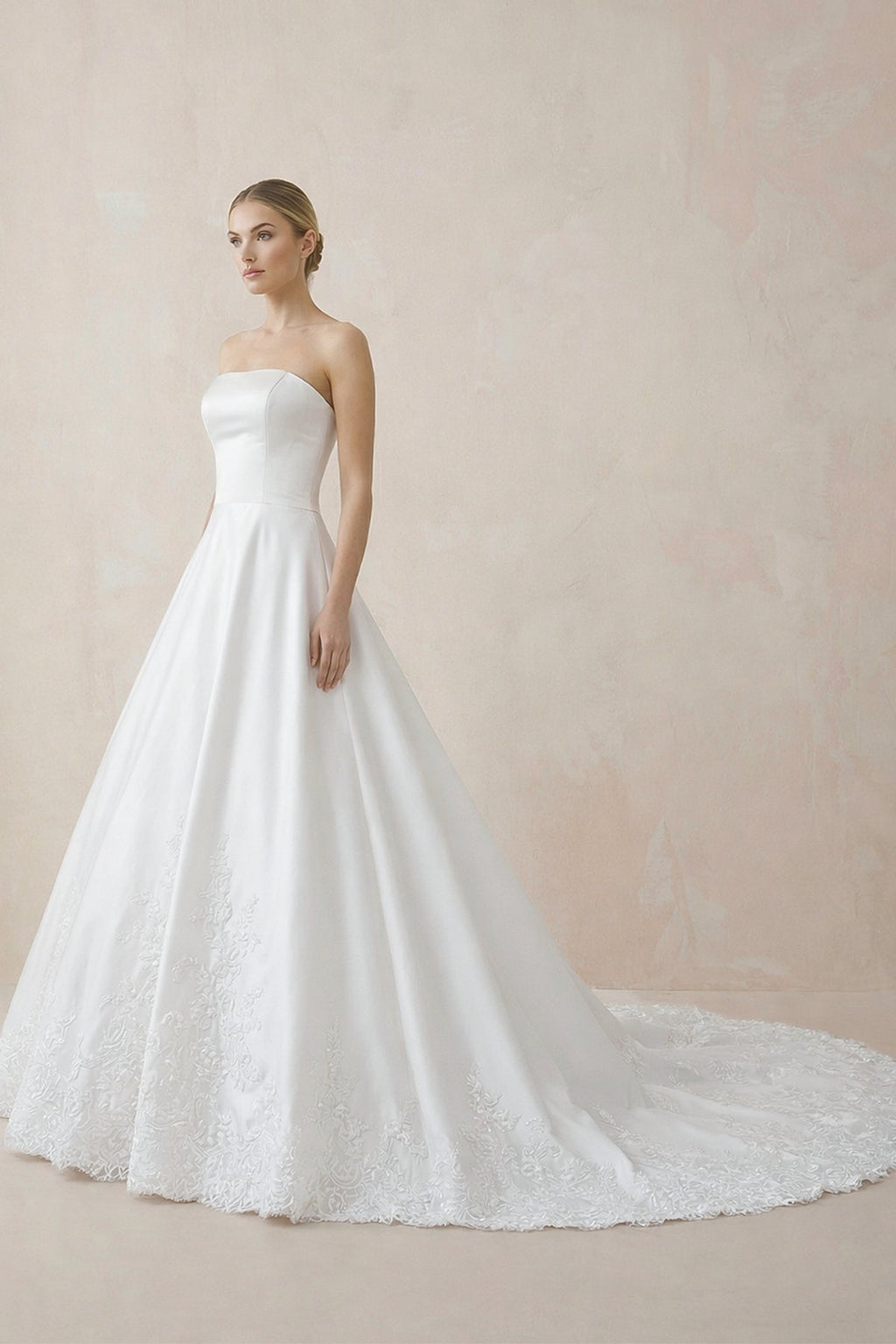 A - Line Strapless Satin Sweep Train Wedding Dresses in White - SHE IS ME Wedding Dresses