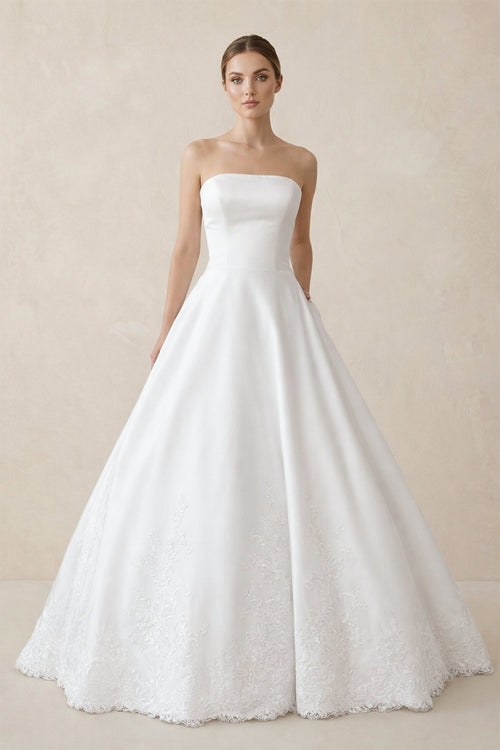 A - Line Strapless Satin Sweep Train Wedding Dresses in White - SHE IS ME Wedding Dresses