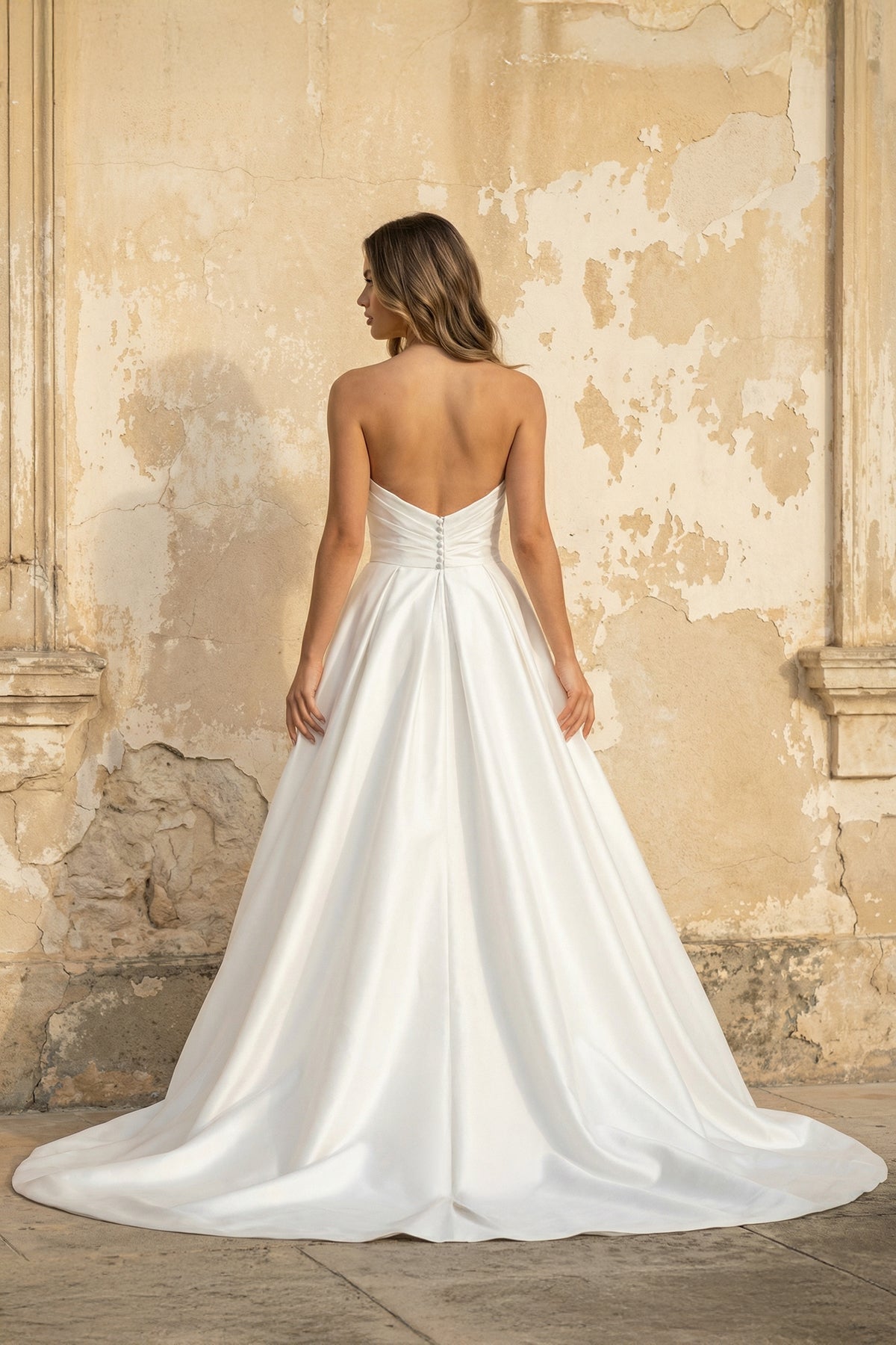 A Line Strapless Satin Wedding Dress With Slit in White - SHE IS ME Wedding Dresses
