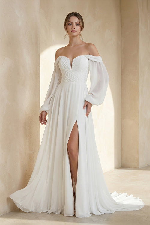 A - Line Sweetheart Long Sleeves Chiffon Wedding Dress - SHE IS ME Wedding Dresses