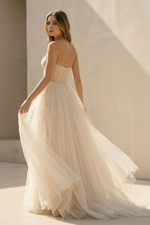 A - Line Sweetheart Tulle Long Wedding Dresses in Ivory - SHE IS ME Wedding Dresses
