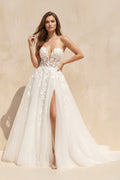 A - Line Sweetheart Tulle Wedding Dresses With Slit in White - SHE IS ME Wedding Dresses