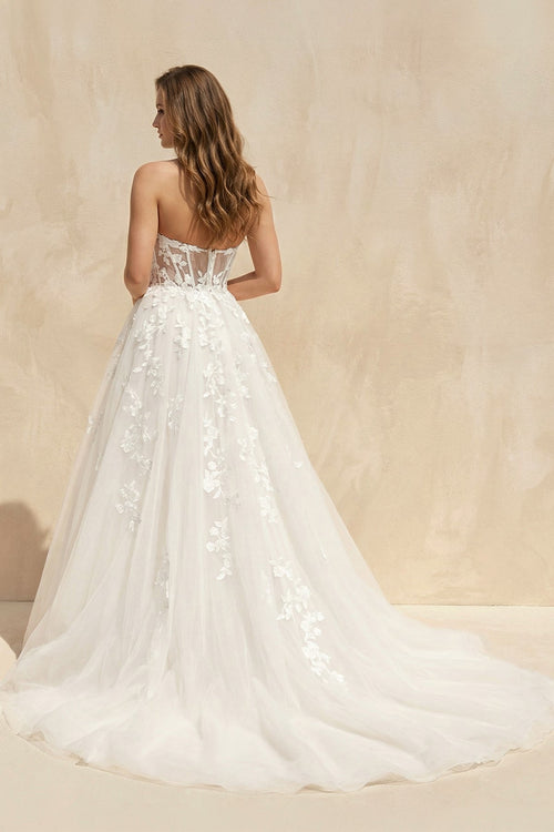 A - Line Sweetheart Tulle Wedding Dresses With Slit in White - SHE IS ME Wedding Dresses