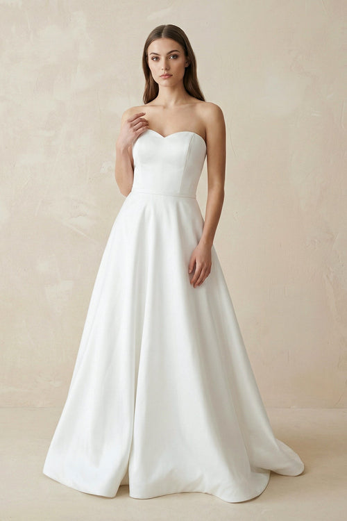 A - Line Sweetheart White Satin Wedding Dresses - SHE IS ME Wedding Dresses