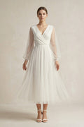 A Line Tulle Long Sleeves Wedding Dress in Ivory - SHE IS ME Wedding Dresses