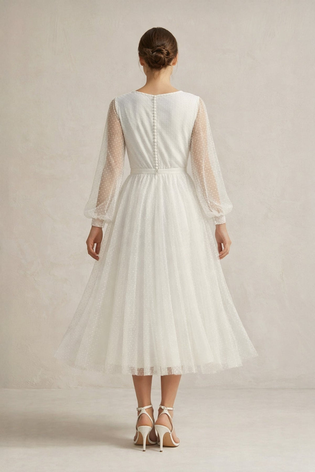 A Line Tulle Long Sleeves Wedding Dress in Ivory - SHE IS ME Wedding Dresses