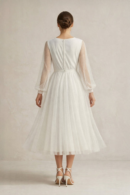 A Line Tulle Long Sleeves Wedding Dress in Ivory - SHE IS ME Wedding Dresses