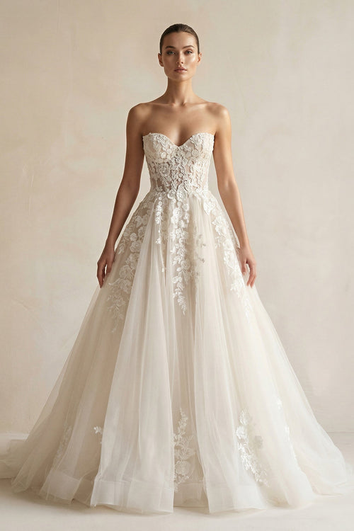 A Line Tulle Sweetheart Wedding Dress With Appliques in White and Nude - SHE IS ME Wedding Dresses