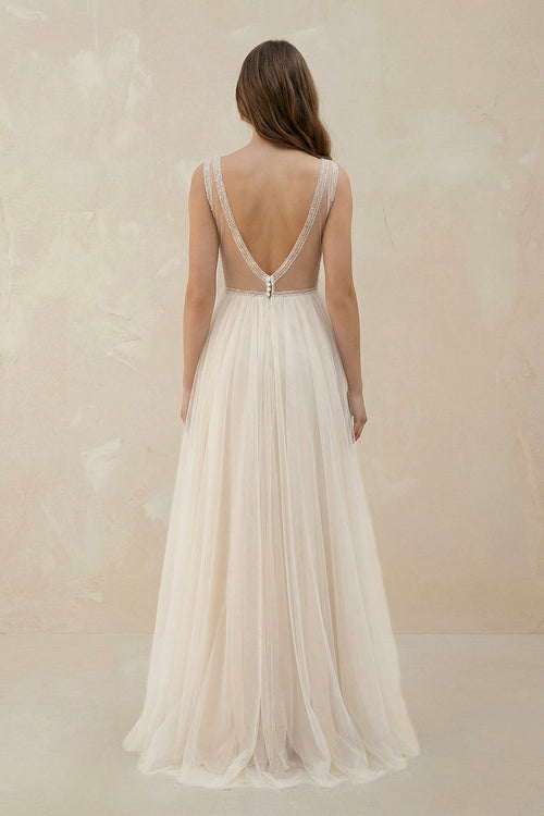 A - Line Tulle V - Neck Wedding Dress With Sequin in White and Nude - SHE IS ME Wedding Dresses