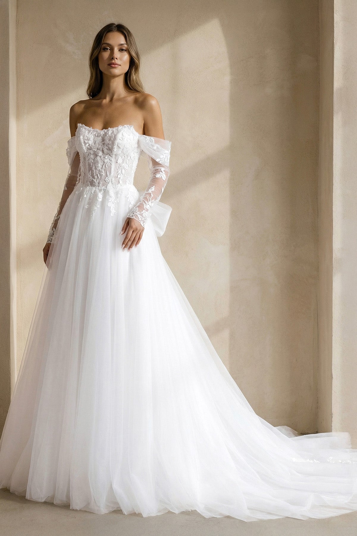 A Line Tulle Wedding Dress With Appliques in White - SHE IS ME Wedding Dresses