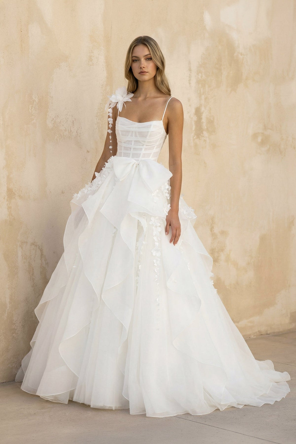 A Line Tulle Wedding Dress With Floral in White - SHE IS ME Wedding Dresses