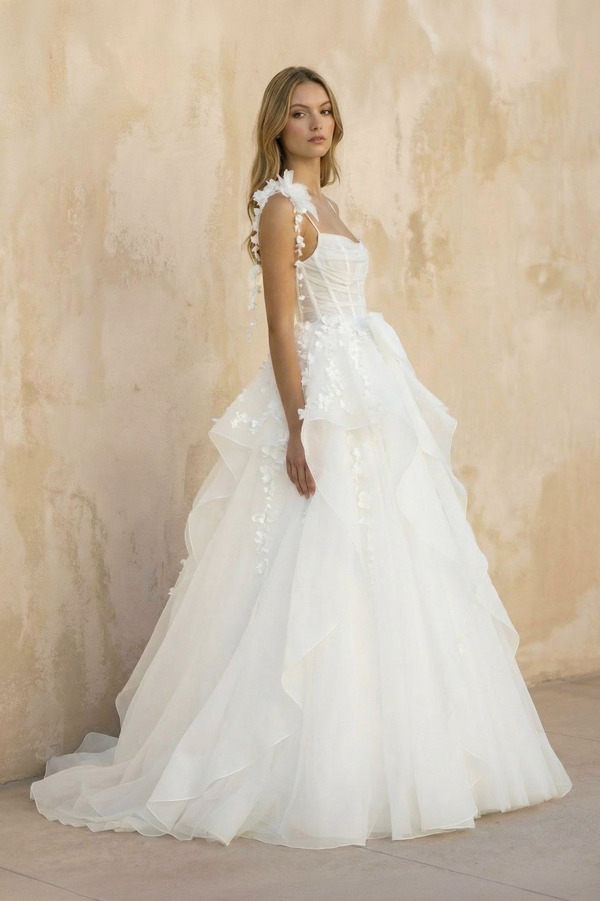A Line Tulle Wedding Dress With Floral in White - SHE IS ME Wedding Dresses