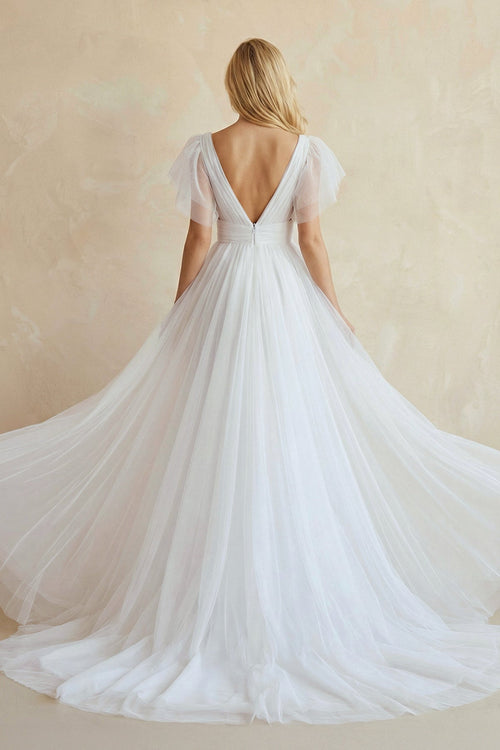 A - Line Tulle Wedding Dress With V - Neck in White - SHE IS ME Wedding Dresses