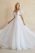 A - Line Tulle Wedding Dress With V - Neck in White - SHE IS ME Wedding Dresses