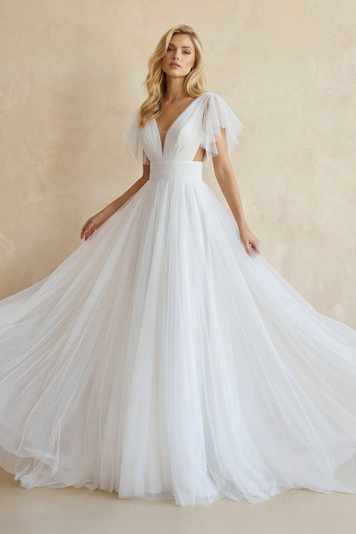 A - Line Tulle Wedding Dress With V - Neck in White - SHE IS ME Wedding Dresses