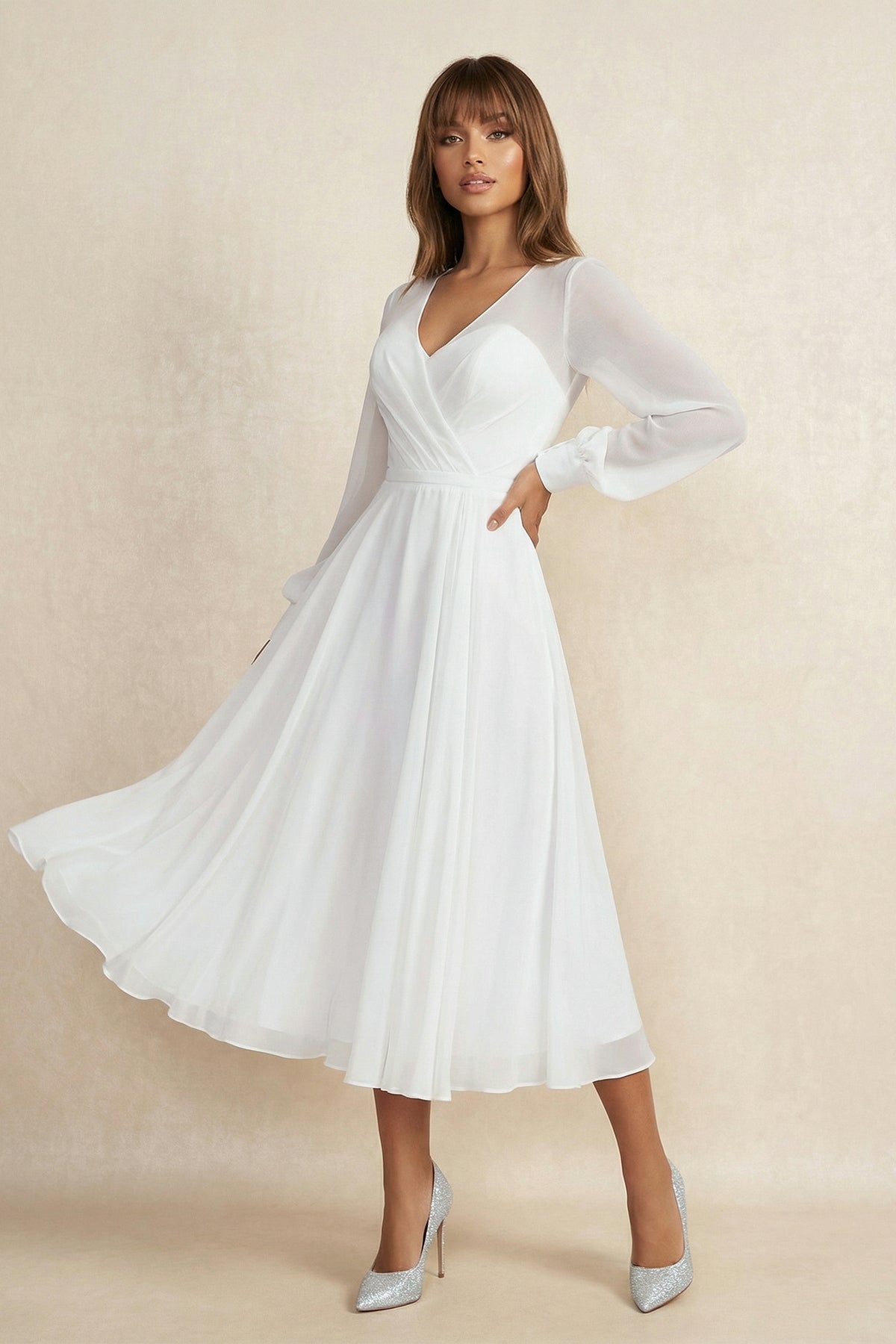 A Line V Neck Chiffon Long Sleeves Wedding Dress in White - SHE IS ME Wedding Dresses
