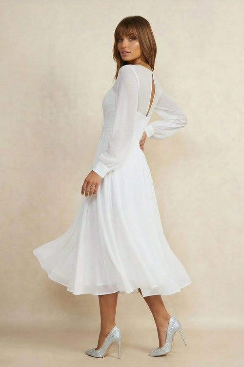 A Line V Neck Chiffon Long Sleeves Wedding Dress in White - SHE IS ME Wedding Dresses
