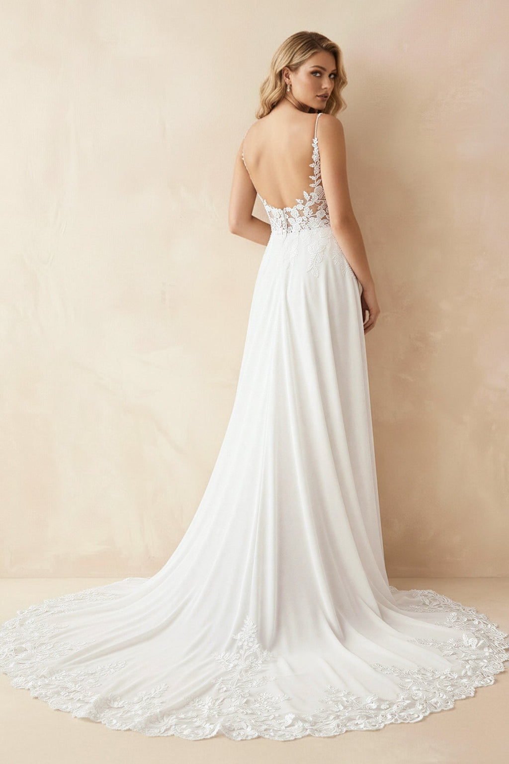A Line V Neck Chiffon Wedding Dress With Appliques in White and Nude - SHE IS ME Wedding Dresses