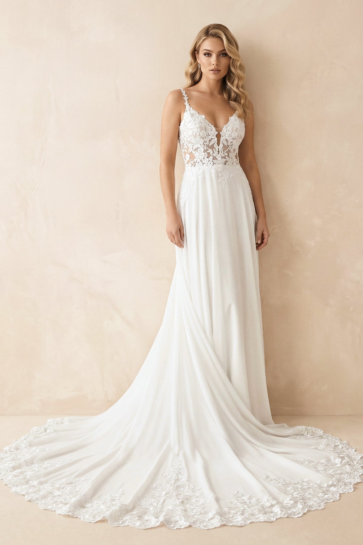 A Line V Neck Chiffon Wedding Dress With Appliques in White and Nude - SHE IS ME Wedding Dresses