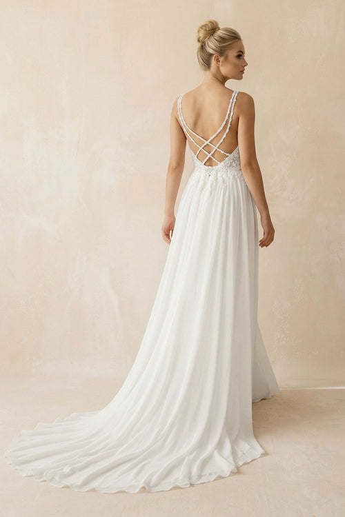 A - Line V - Neck Chiffon Wedding Dresses with Appliques in White - SHE IS ME Wedding Dresses