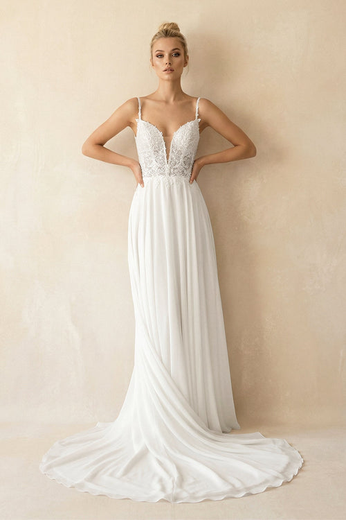 A - Line V - Neck Chiffon Wedding Dresses with Appliques in White - SHE IS ME Wedding Dresses