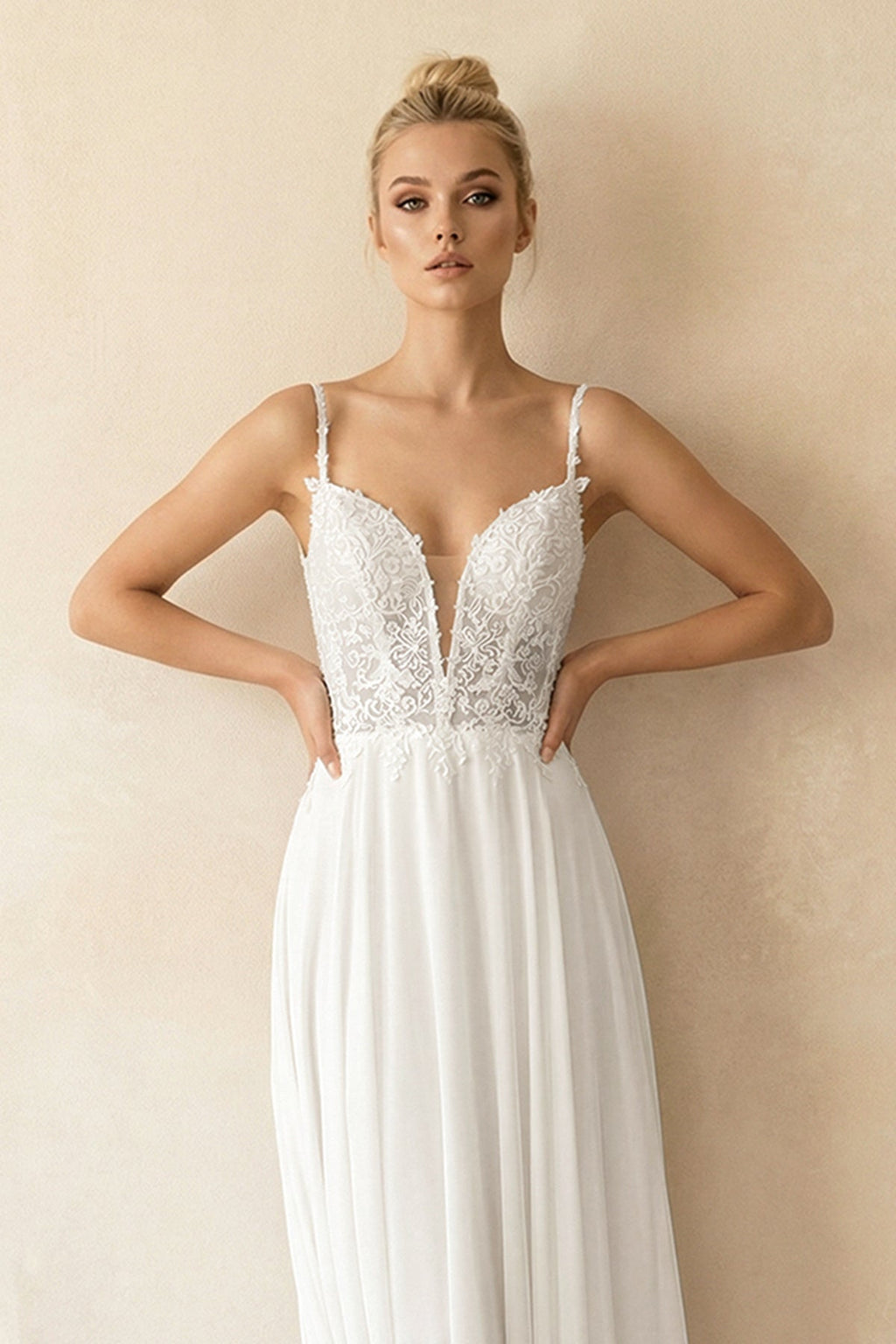 A - Line V - Neck Chiffon Wedding Dresses with Appliques in White - SHE IS ME Wedding Dresses