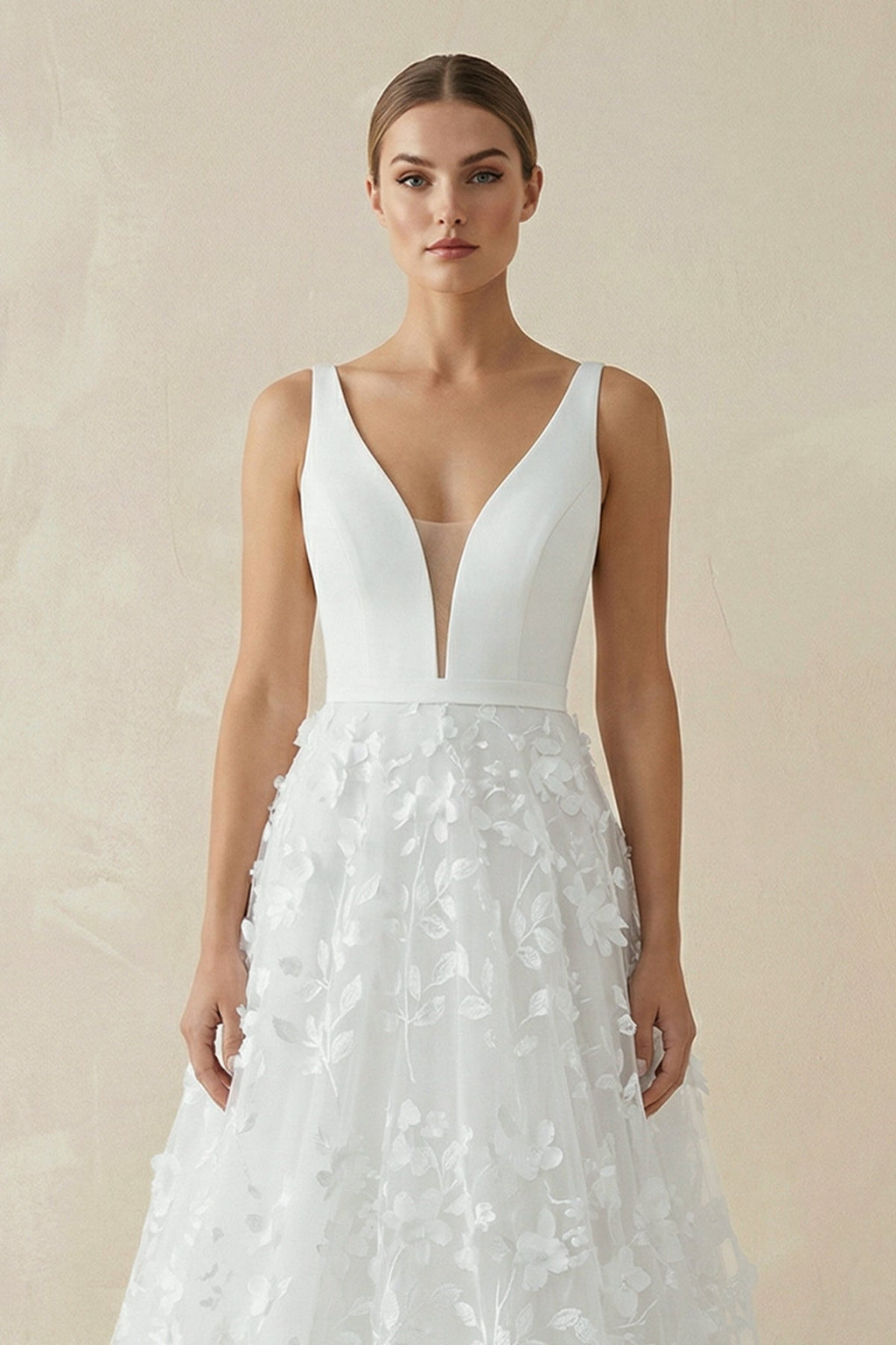 A Line V - Neck Lace Sleeveless Wedding Dresses - SHE IS ME Wedding Dresses