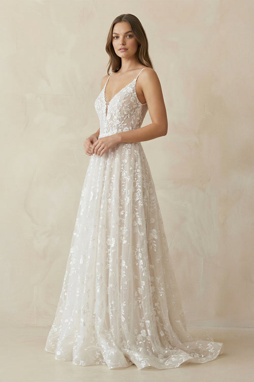A - Line V Neck Lace Wedding Dresses in White and Nude - SHE IS ME Wedding Dresses