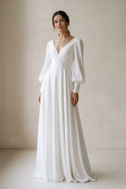 A - Line V - Neck Long Sleeves Chiffon Wedding Dresses in White - SHE IS ME Wedding Dresses