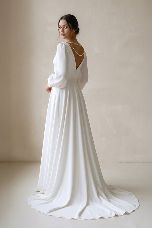 A - Line V - Neck Long Sleeves Chiffon Wedding Dresses in White - SHE IS ME Wedding Dresses