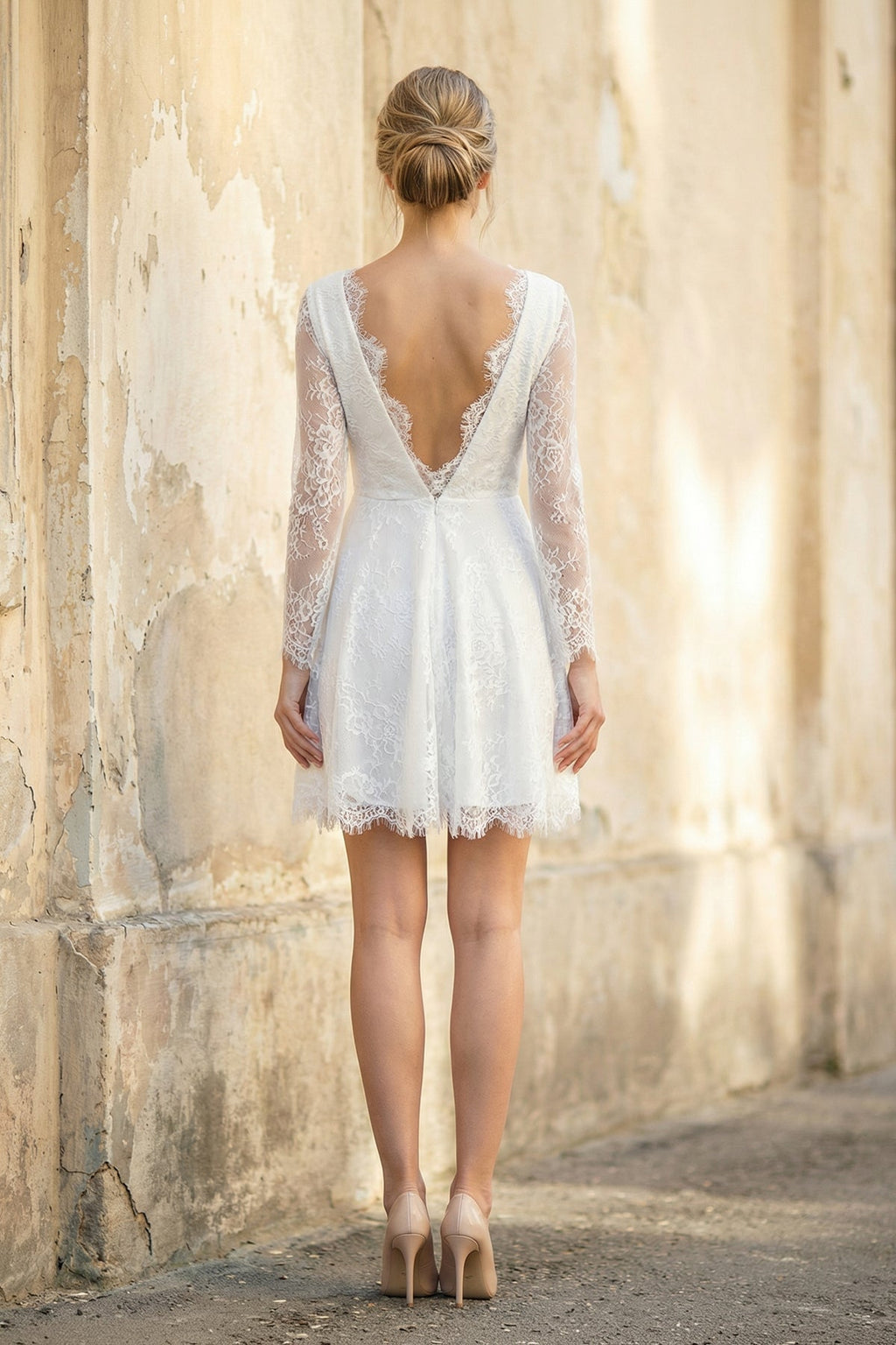 A Line V Neck Long Sleeves Lace Short Wedding Dress in White - SHE IS ME Wedding Dresses