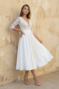 A Line V Neck Long Sleeves Satin Wedding Dress in White - SHE IS ME Wedding Dresses
