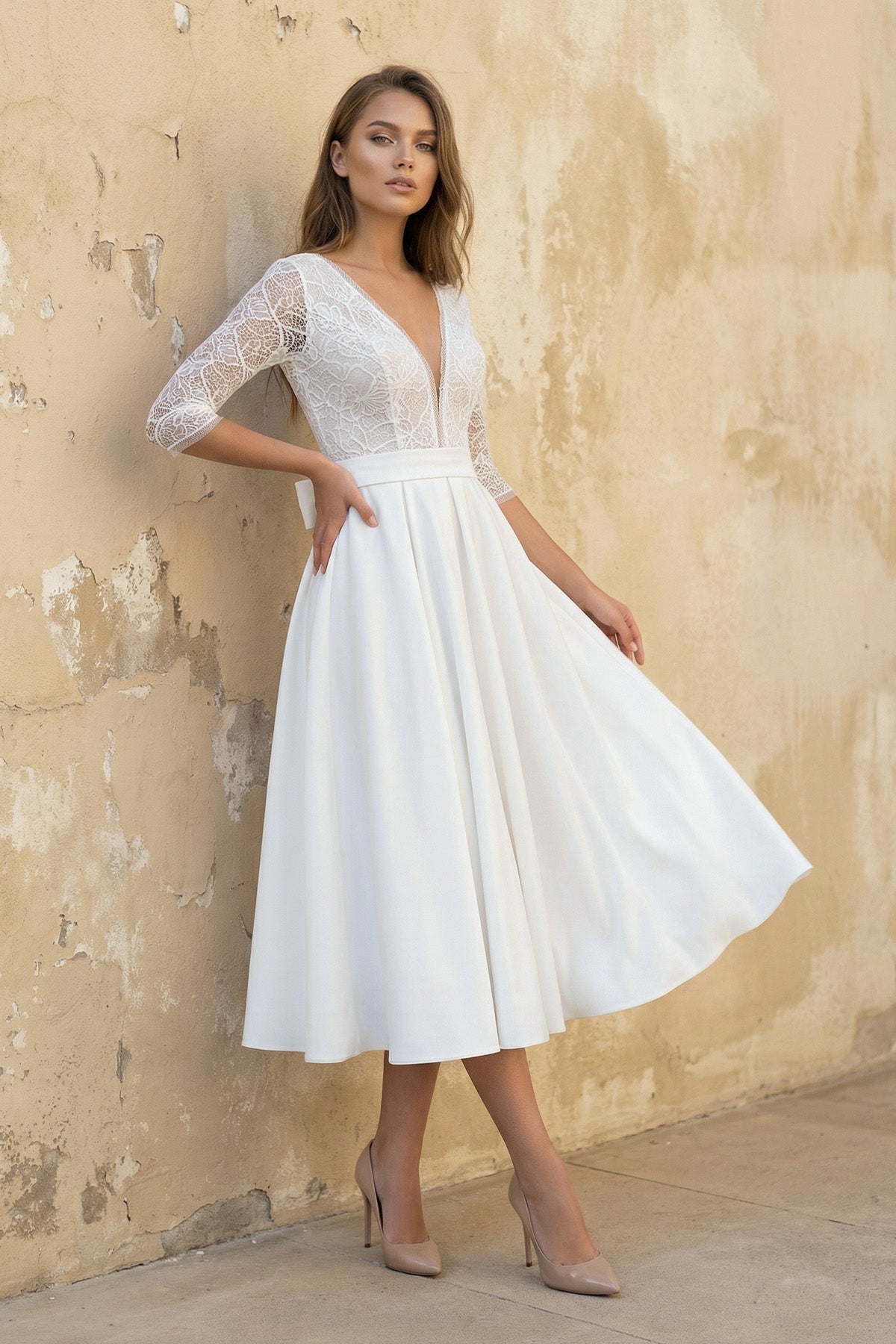 A Line V Neck Long Sleeves Satin Wedding Dress in White - SHE IS ME Wedding Dresses