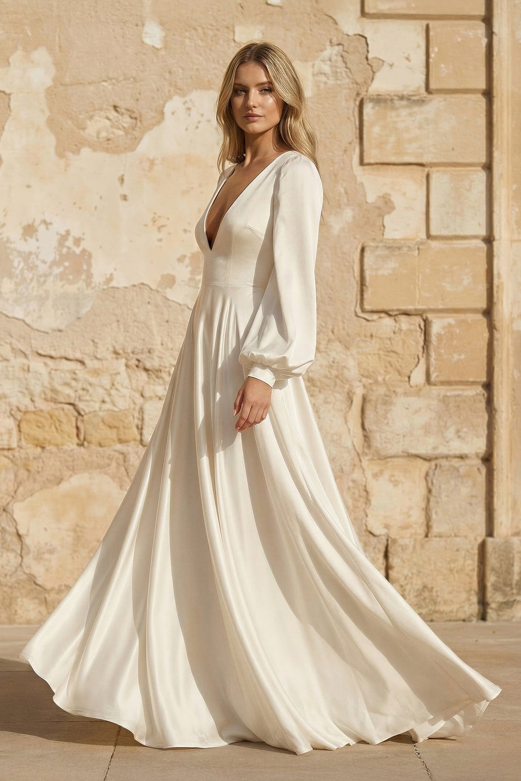 A Line V Neck Satin Long Sleeves Wedding Dress - SHE IS ME Wedding Dresses