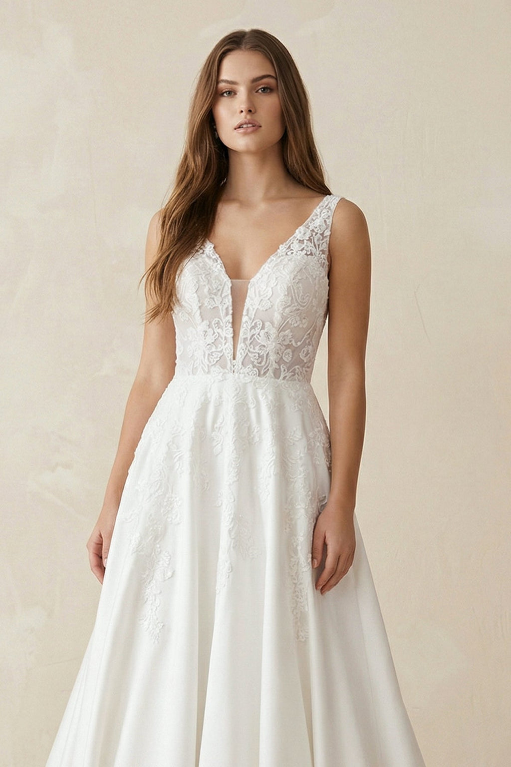 A Line V Neck Satin Wedding Dress With Appliques - SHE IS ME Wedding Dresses