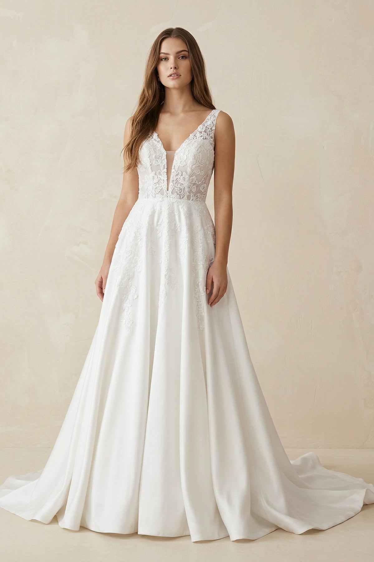 A Line V Neck Satin Wedding Dress With Appliques - SHE IS ME Wedding Dresses