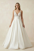 A Line V Neck Satin Wedding Dress With Appliques in Ivory - SHE IS ME Wedding Dresses