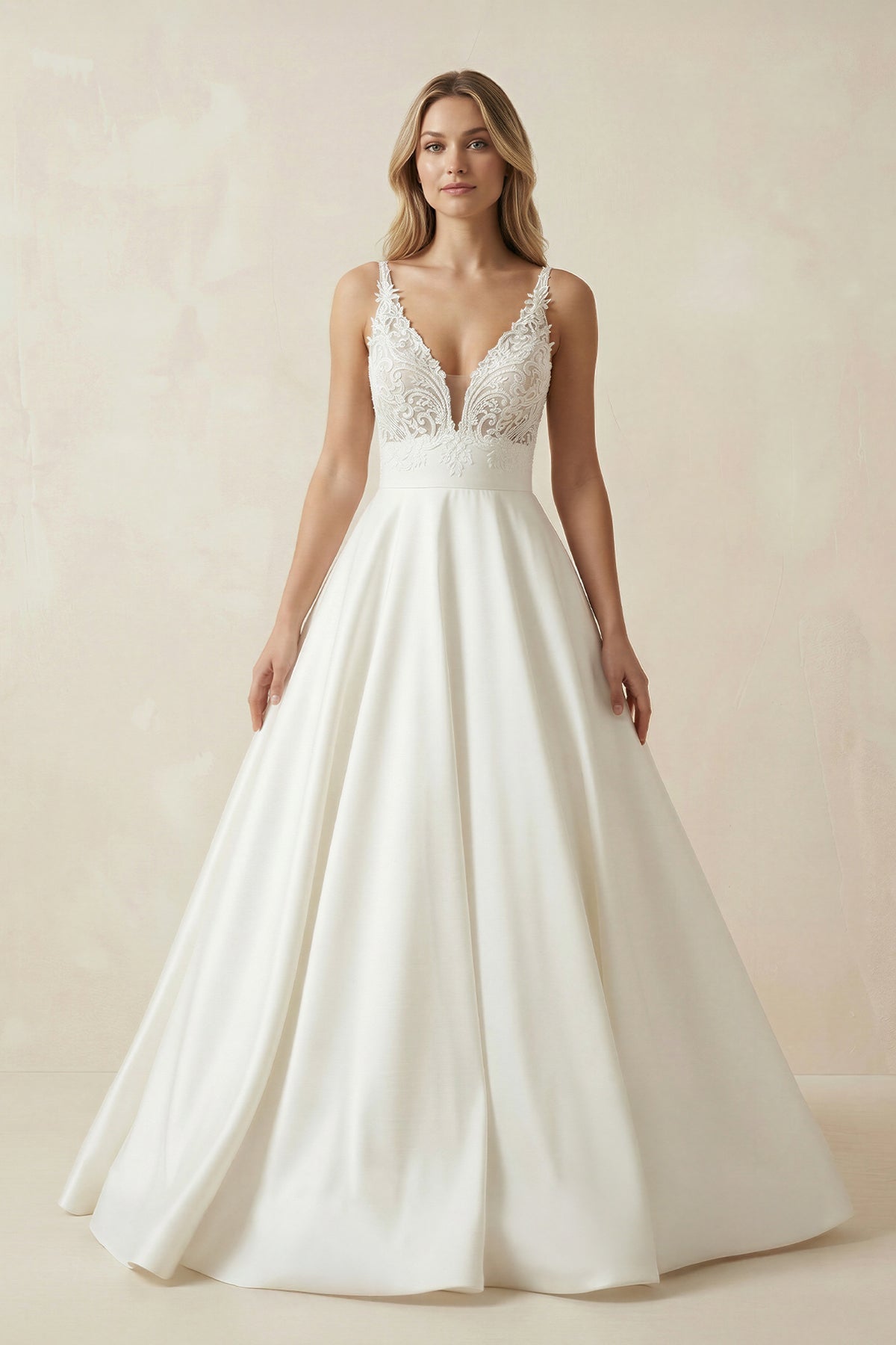 A Line V Neck Satin Wedding Dress With Appliques in Ivory - SHE IS ME Wedding Dresses