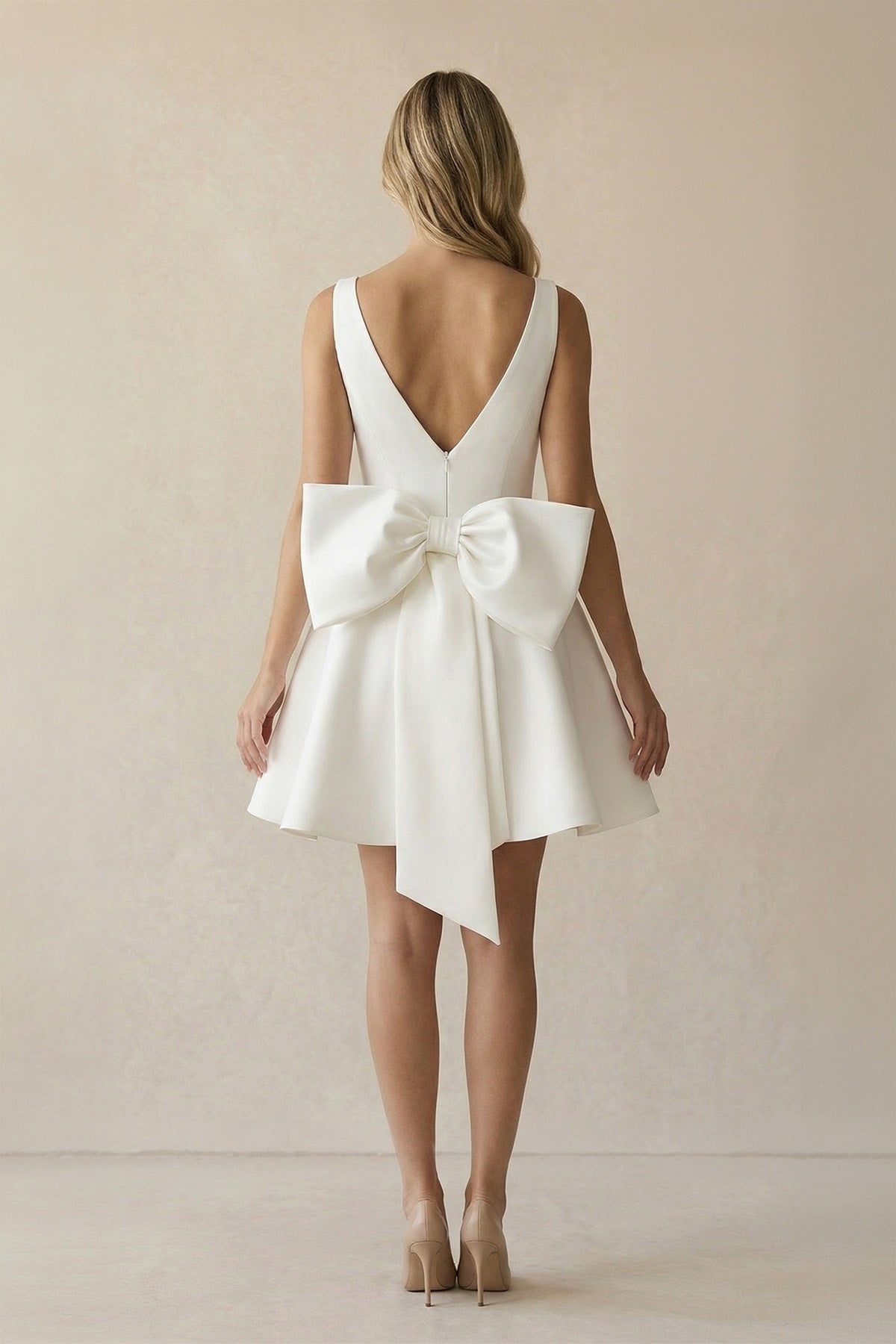 A Line V Neck Satin Wedding Dress With Bow in Ivory - SHE IS ME Wedding Dresses