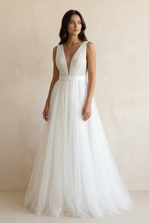 A - Line V - neck Sleeveless Wedding Dresses in White - SHE IS ME Wedding Dresses