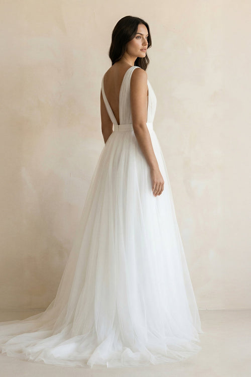 A - Line V - neck Sleeveless Wedding Dresses in White - SHE IS ME Wedding Dresses