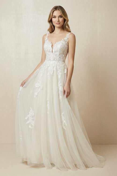 A - Line V - Neck Tulle Appliqued Wedding Dress in Ivory - SHE IS ME Wedding Dresses