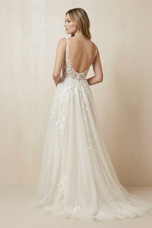 A - Line V - Neck Tulle Appliqued Wedding Dress in Ivory - SHE IS ME Wedding Dresses