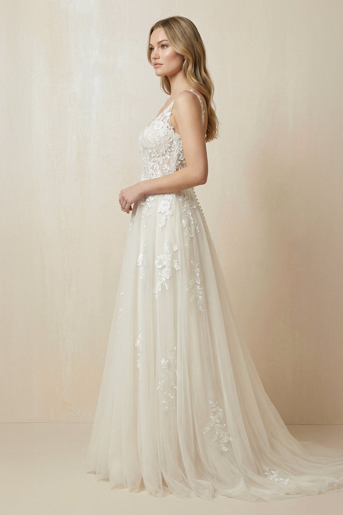 A - Line V - Neck Tulle Appliqued Wedding Dress in Ivory - SHE IS ME Wedding Dresses