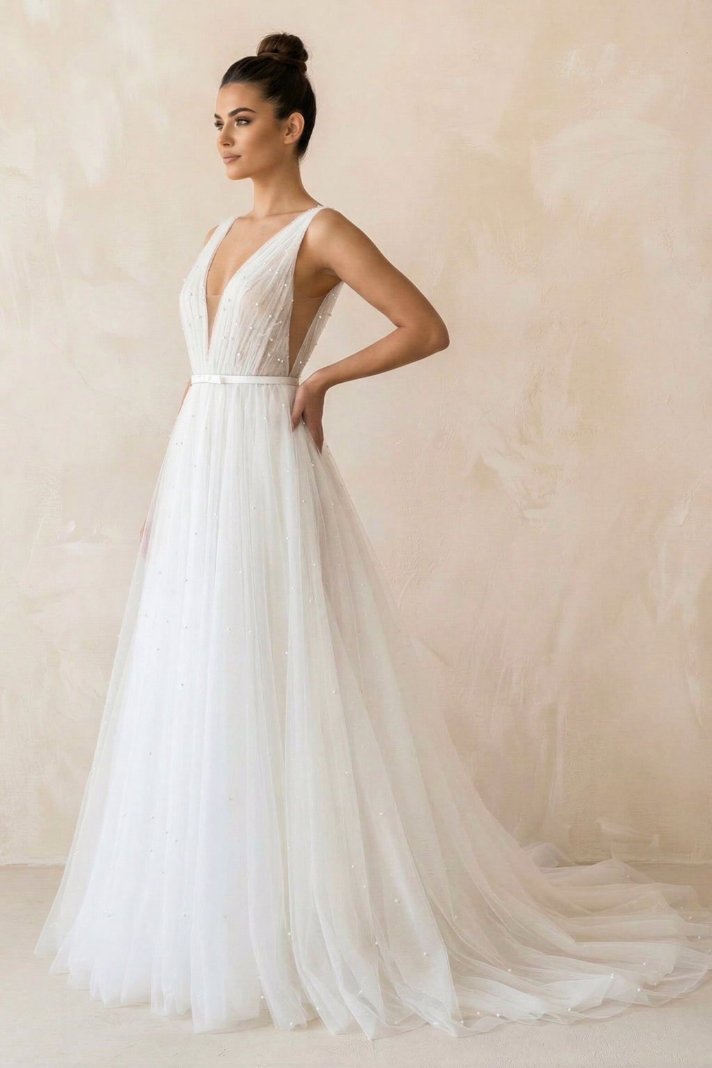 A Line V - Neck Tulle Sleeveless Wedding Dress in White - SHE IS ME Wedding Dresses
